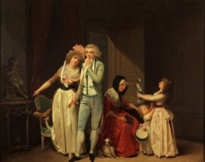 Boilly, Ce qui allume l'Amour, l'éteint, 1790 Wenn auch das Frackmodell des jungen Mannes über einen hohen Klappenkragen verfügt, so weist sein Zuschnitt doch starke Parallelen zu unserem Modell auf. Auch dieser Anzug besteht aus hellblau-changierendem Seidentaft und besitzt ein cremefarbenes Innenfutter