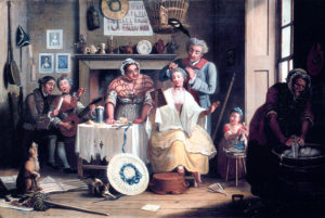John Collet, High Life below Stairs (1763) Im Vordergrund dieser Dienstbotenszene liegt eine mit Spitze und Bändern dekorierte Bergère, über dem Kamin an der Wand hängt ein weiteres Exemplar.