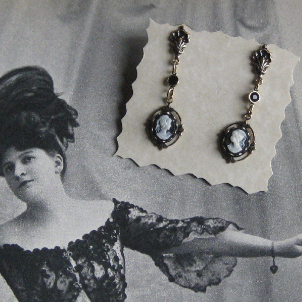 Victorian Cameo Drop Earrings Jet