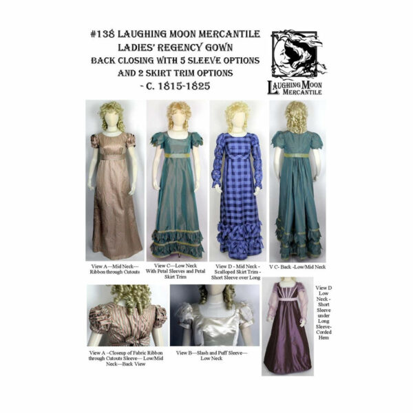 1815-1825 Regency Gown with 5 Sleeve Optoins and 2 Skirt Trims (LM138)