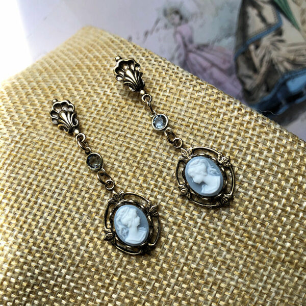 Victorian Cameo Drop Earrings sapphire blue