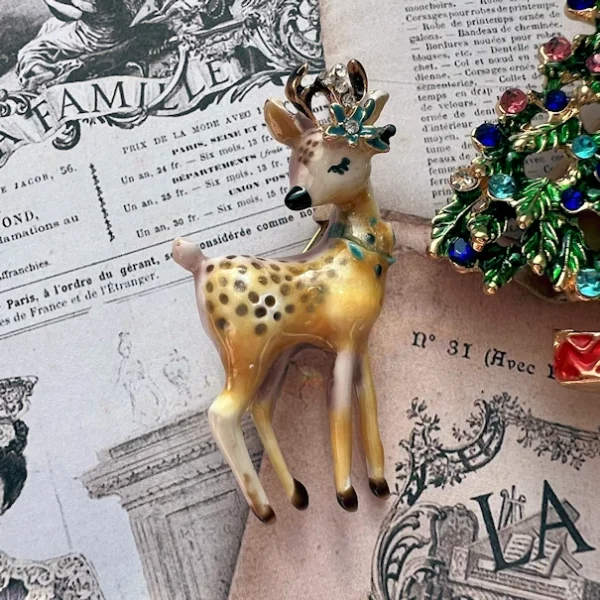 Enamel Deer Christmas Brooch with Rhinestones