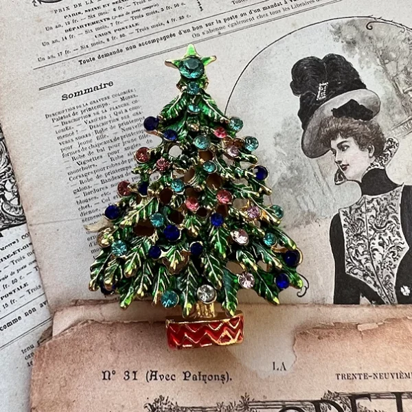 Enamel Christmas Tree Brooch and Pendant with Rhinestones