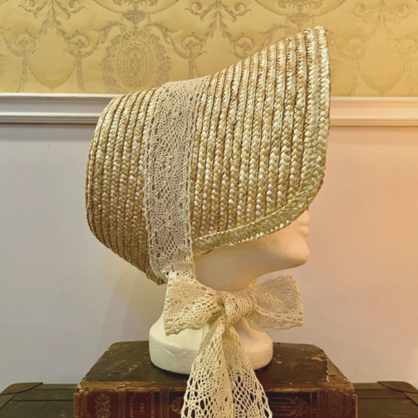 Empire Straw Bonnet with Lace Ribbon 1800-1830